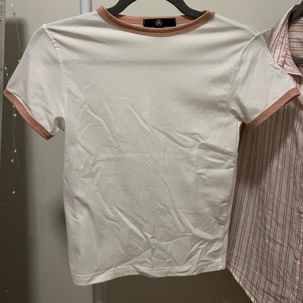 white full length t shirt with pink trim